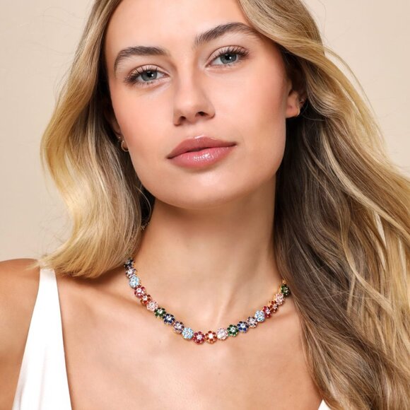 Stunning Multicolor Flower Tennis Necklace • Gold‑Tone Floral Gemstone Statement - Picture 2 of 3